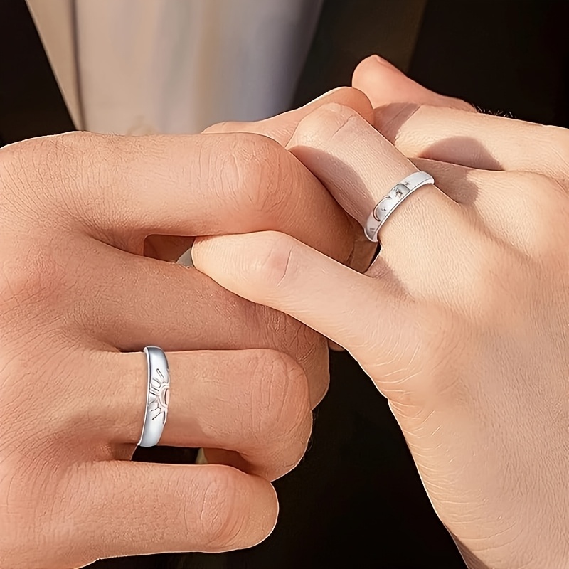 Sun & Moon Couple Rings 2pcs 925 Sterling Silver Engagement Adjustable Matching